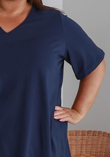 Plus Size Cotton V Neck Tee With Side Splits In Navy
