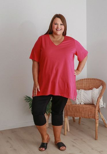Plus Size V Neck Tee With Side Splits In Hot Pink