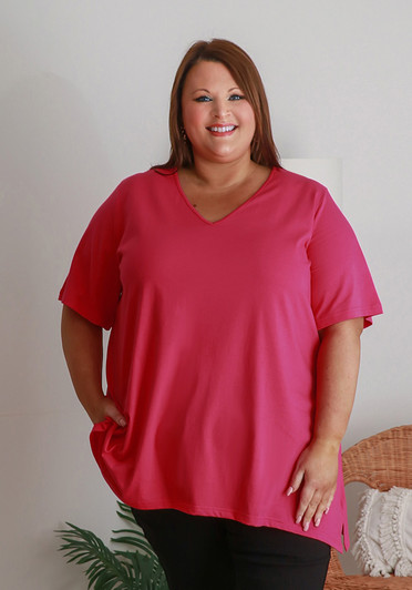Plus Size Cotton V Neck Tee With Side Splits In Hot Pink
