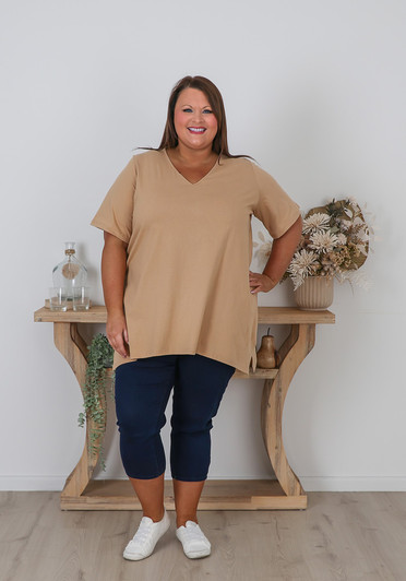Plus Size Cotton V Neck Tee With Side Splits In Latte
