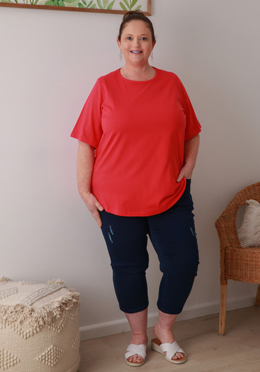 Plus Size Cotton Round Neck Tee In Watermelon
