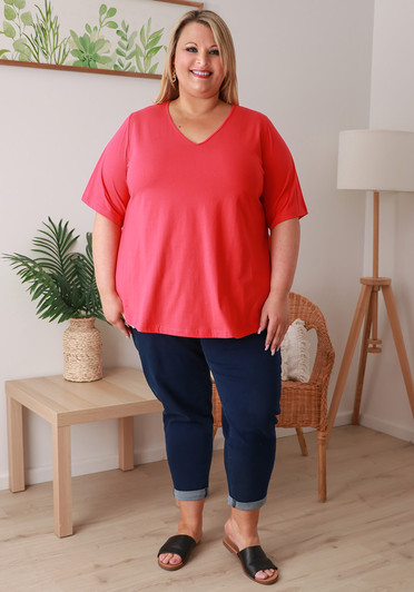 Plus Size Cotton V Neck Curved Hem Tee In Watermelon