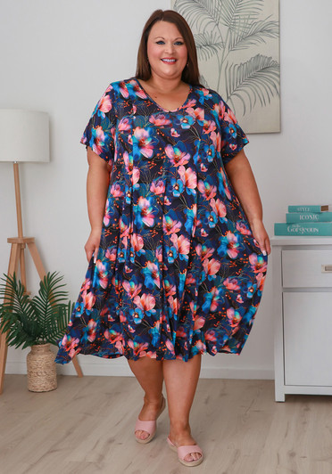 Plus Size Stretch Slip On Dress In Dreamy Magnolia Print