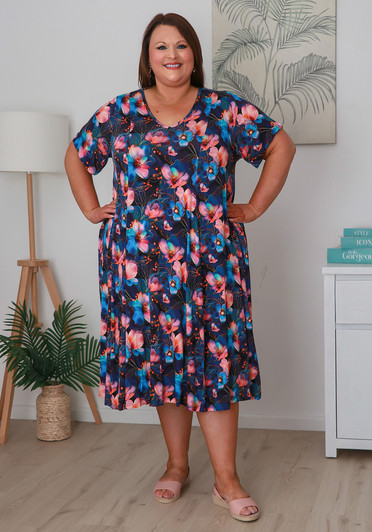 Plus Size Stretch Slip On Dress In Dreamy Magnolia Print