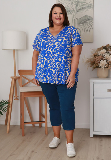 Stretch Bamboo Tee In Blue Abstract Print