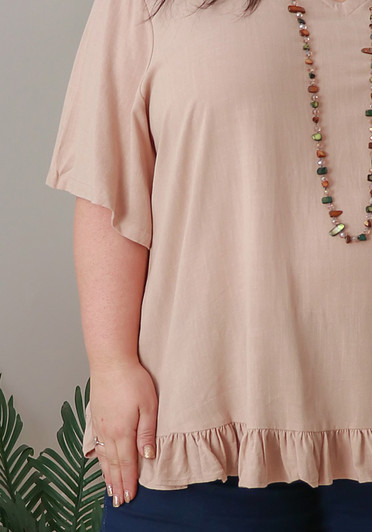 Plus Size Linen Blend Ruffle Hem Top