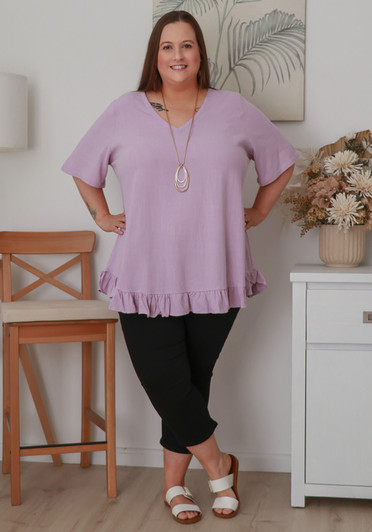 Plus Size Linen Blend Ruffle Hem Top in Lilac