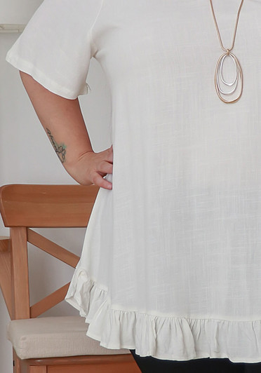 Plus Size Linen Blend Ruffle Hem Top in White