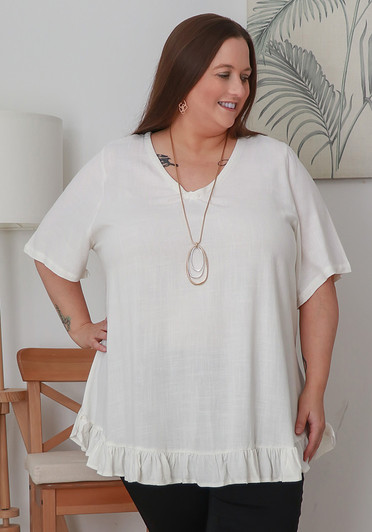 Plus Size Linen Blend Ruffle Hem Top in White