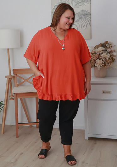 Plus Size Linen Blend Ruffle Hem Top in Orange