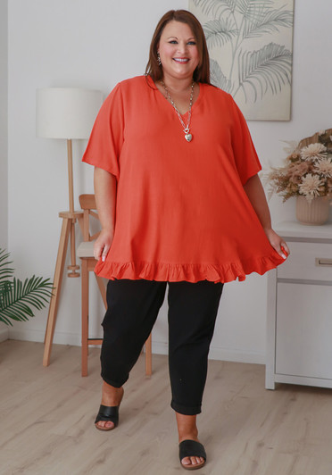 Plus Size Linen Blend Ruffle Hem Top in Orange