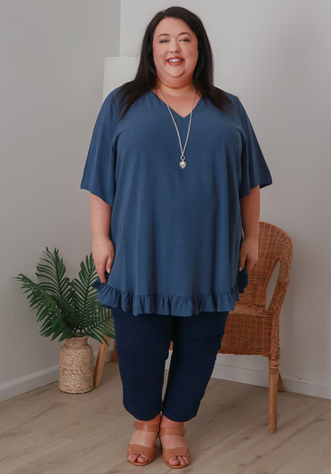 Plus Size Linen Blend Ruffle Hem Top in Blue