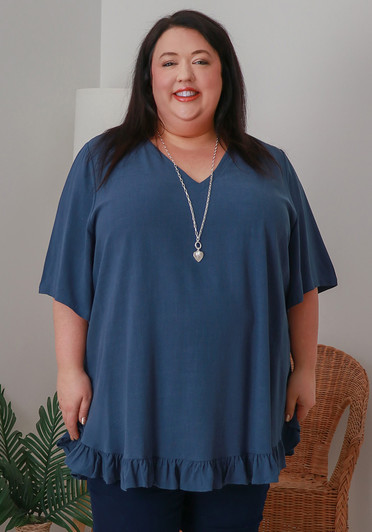 Plus Size Linen Blend Ruffle Hem Top in Blue