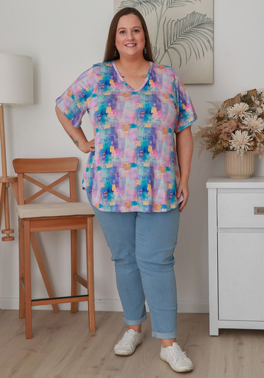 Plus  Size Stretch Rayon Tee in Pastel Brushstrokes