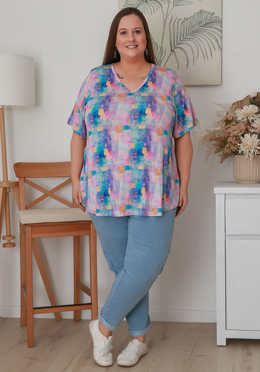 Plus  Size Stretch Rayon Tee in Pastel Brushstrokes