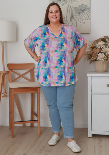 Plus  Size Stretch Rayon Tee in Pastel Brushstrokes