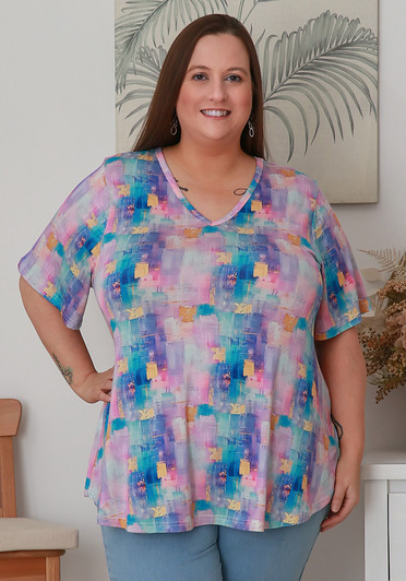 Plus  Size Stretch Rayon Tee in Pastel Brushstrokes