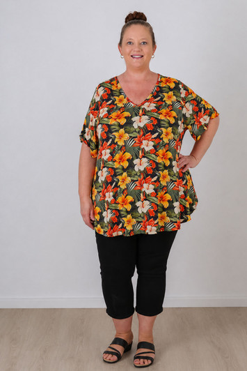 plus size short sleeve stretch tropical lilies top