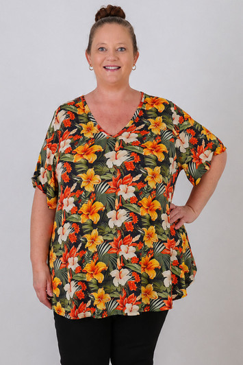 plus size short sleeve stretch tropical lilies top