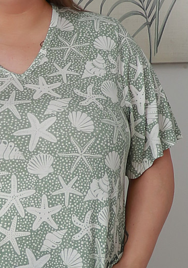 Plus Size Stretch Rayon Tee in Olive Starfish and Shells