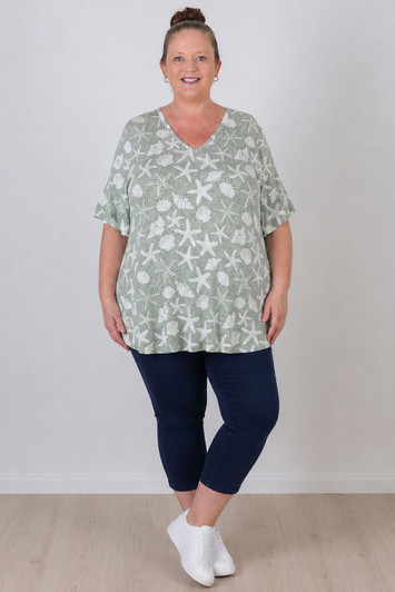 Plus Size Short Sleeve Top in Olive Starfish and Shells