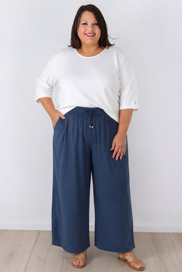 Plus Size Linen Blend Wide Leg Pant in Blue
