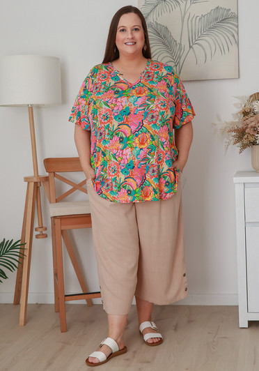Plus Size Wide Leg Linen Crop Pant In Taupe