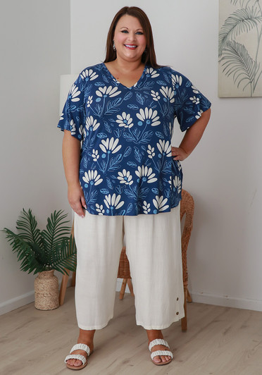 Plus Size Wide Leg Linen Crop Pant In White