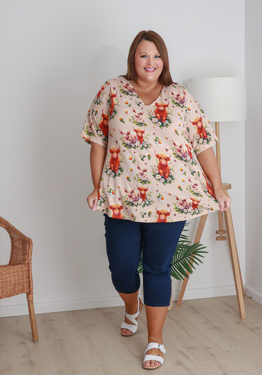 Plus Size V Neck Cotton Tee In Highland Cow