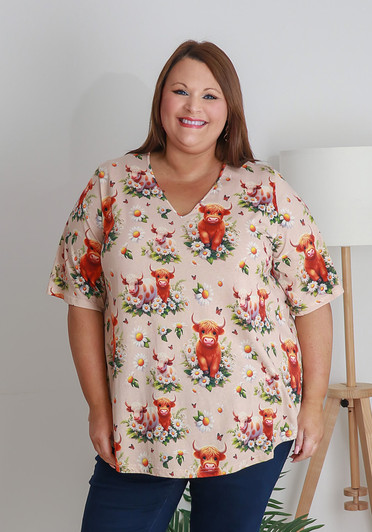 Plus Size V Neck Cotton Tee In Highland Cow