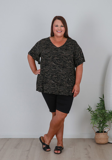 Plus Size Stretch Short Sleeve Black Gold Top