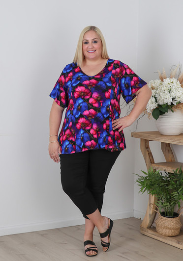 Plus Size Stretch Top in Blue Pink Floral