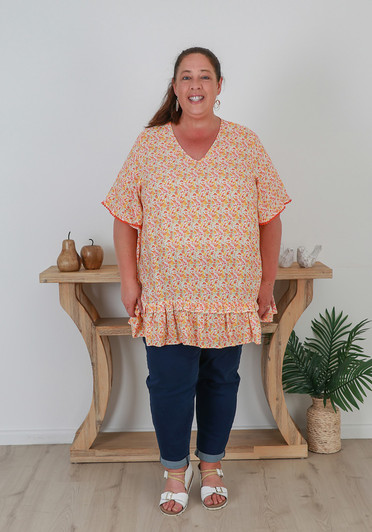 Plus size Summer Orange floral Tunic With Short sleeves 