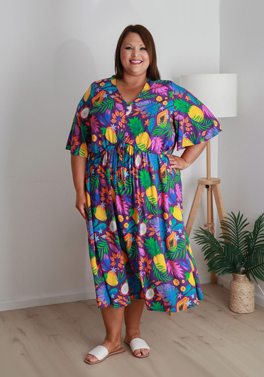 Plus Size Peak Dress In Tropical Fruits