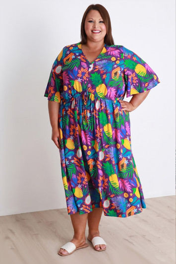 Plus Size Peak Dress In Tropical Fruits