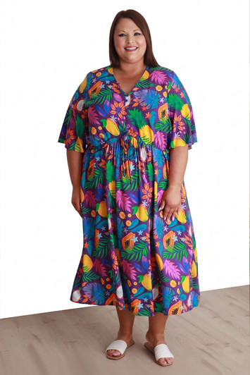 Plus Size Peak Dress In Tropical Fruits