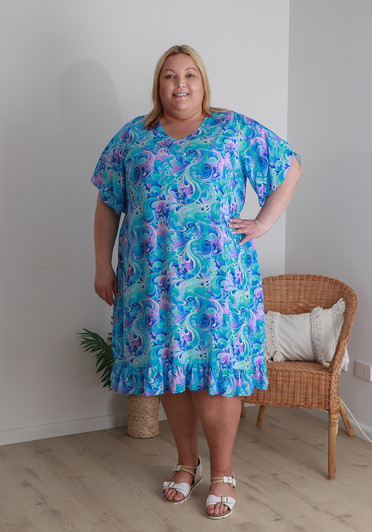 Plus Size Split Sleeve Dress In Blue And Purple Swirls