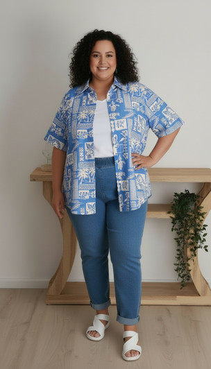 Short Sleeve Button Up Shirt In Blue Islander Print