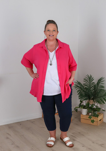 Plus Size Textured Cotton Short Sleeve Hot Pink Shirt