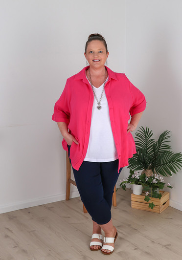 Plus Size Textured Short Sleeve Hot Pink Shirt