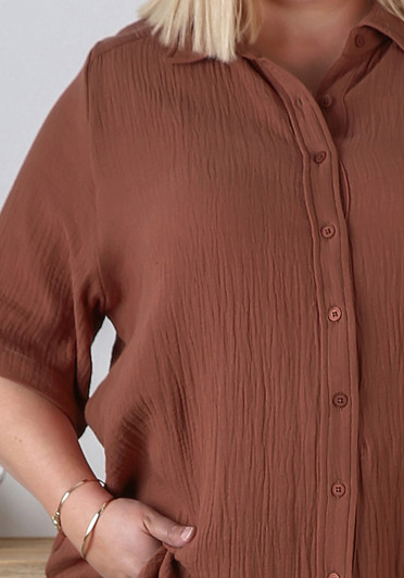 Plus Size Textured Cotton Short Sleeve Mocha Shirt