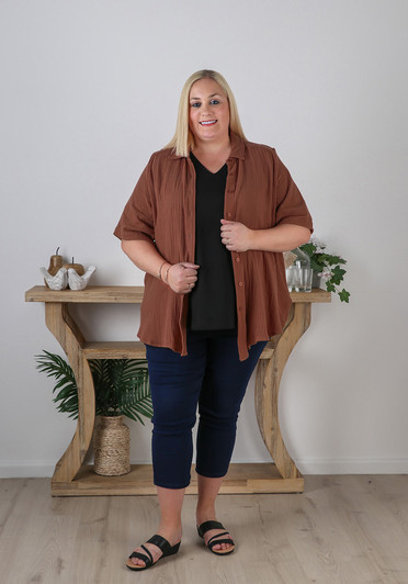 Plus Size Cotton Short Sleeve Mocha Shirt