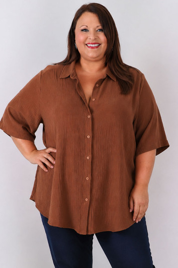 Plus Size Textured Cotton Short Sleeve Mocha Shirt