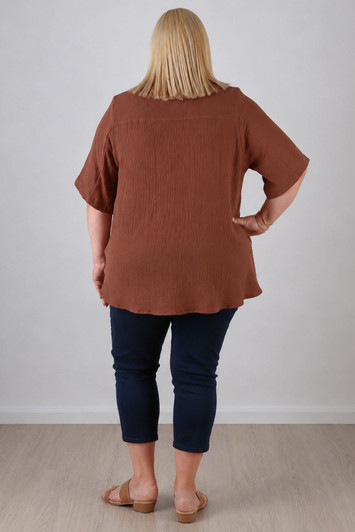 Plus Size Textured Cotton Short Sleeve Mocha Shirt