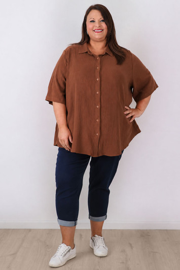 Plus Size Textured Cotton Short Sleeve Mocha Shirt