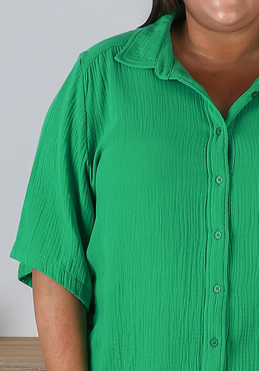 Plus Size Textured Cotton Short Sleeve Emerald Shirt