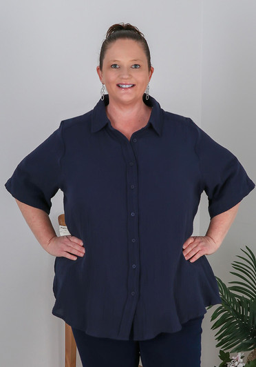 Plus Size Textured Cotton Short Sleeve Navy Shirt