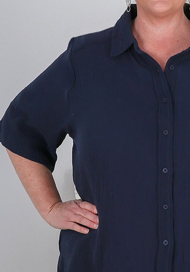 Plus Size Textured Cotton Short Sleeve Navy Shirt