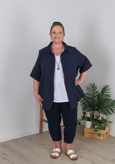 Plus Size Textured Cotton Short Sleeve Navy Shirt