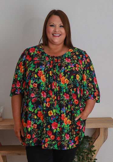 Plus Size Pintuck Top In Vibrant Floral